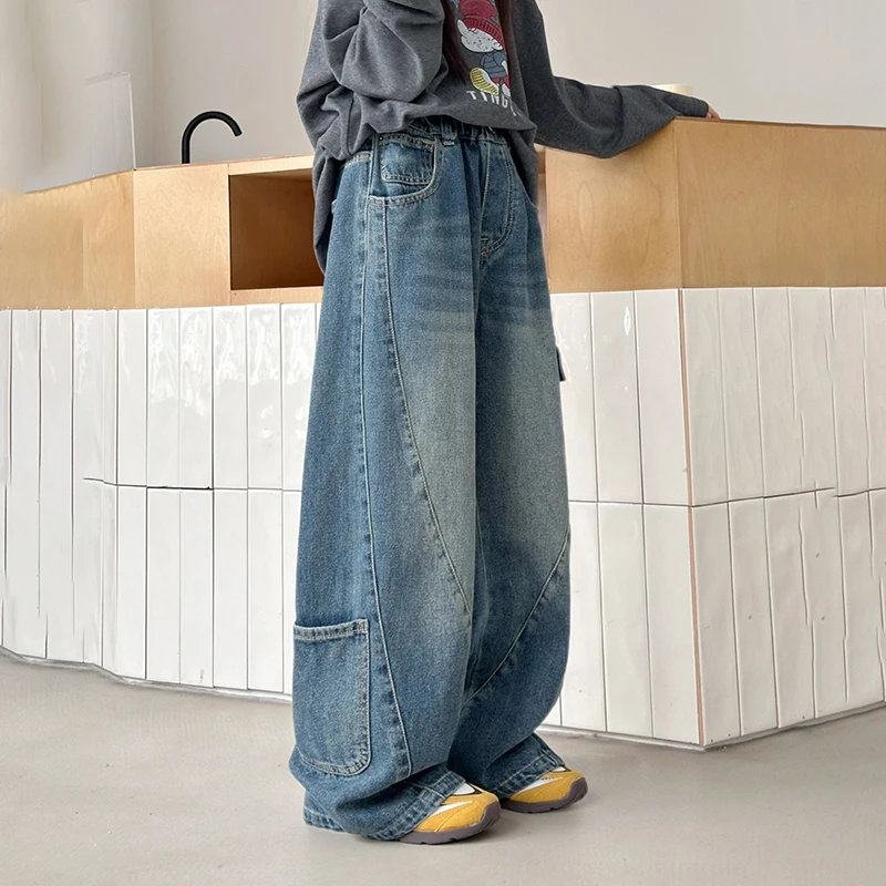 女童时尚潮流牛仔裤春秋款2025年新款大儿童秋季洋气宽松弯刀裤子