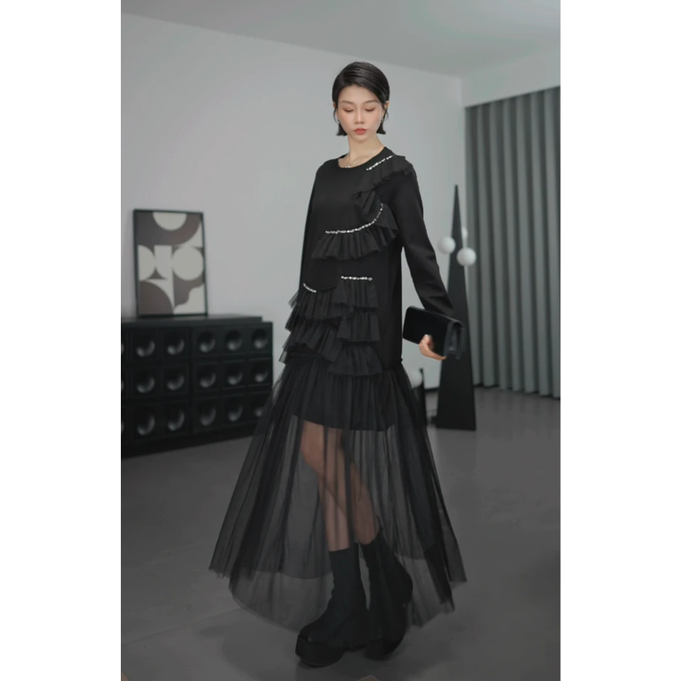 鑫鑫2025秋季新款拼接假两件小众设计圆领中长款连衣裙21906-2