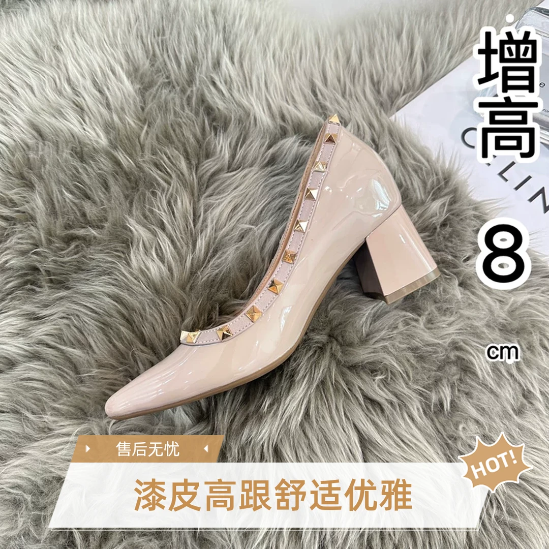 铆钉粗跟加内增8cm时尚经典浅口尖头漆皮气质高跟单鞋女通勤OL