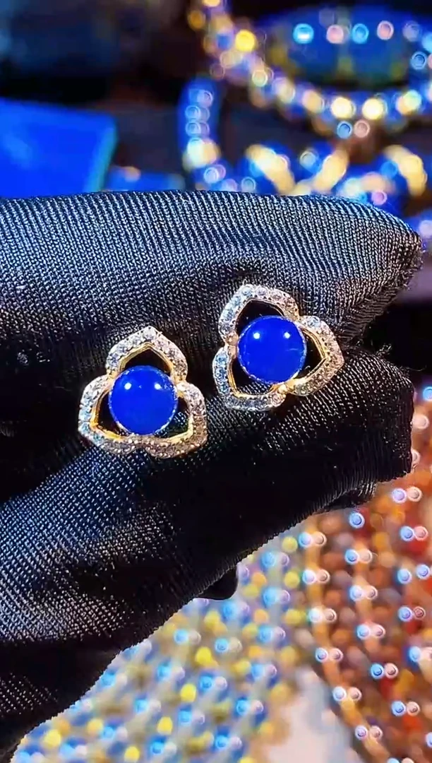 蓝珀银S925镶嵌珠宝奇石多米尼加蓝珀玫瑰花耳钉