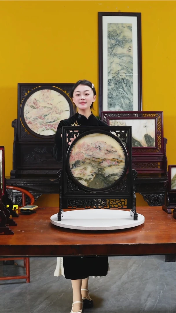 石材天然大理石画摆件宽度42高度48内圆直径30公分紫光檀