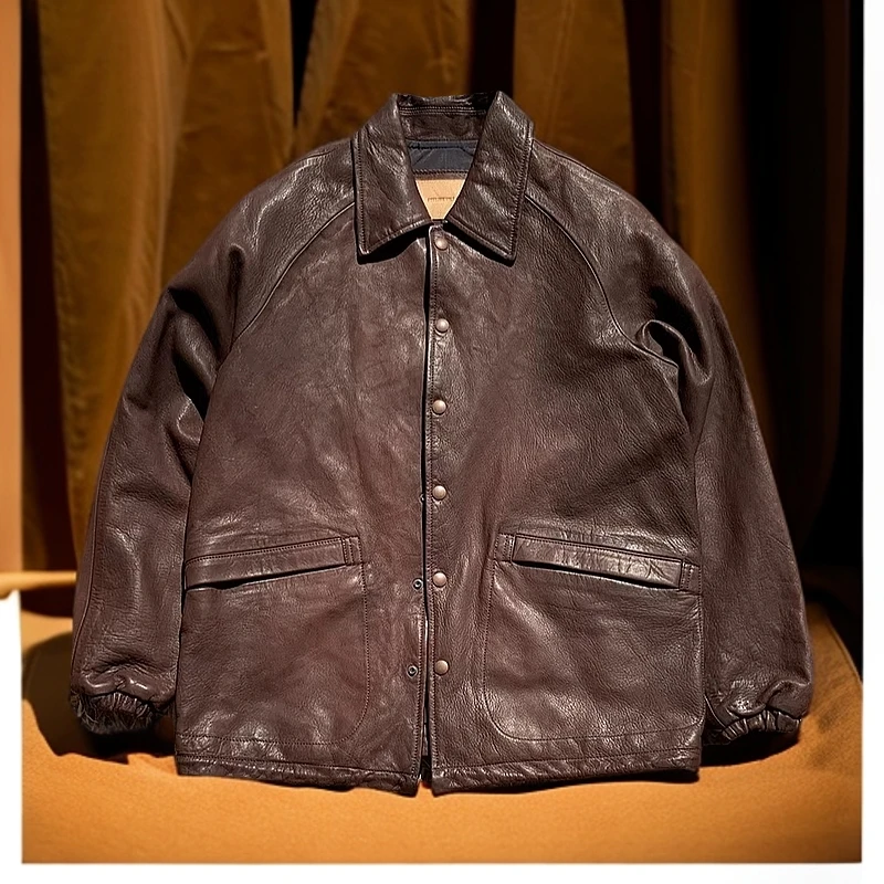 真皮天神教练服水洗做旧头层绵羊皮皮衣男翻领插肩袖休闲大码夹克