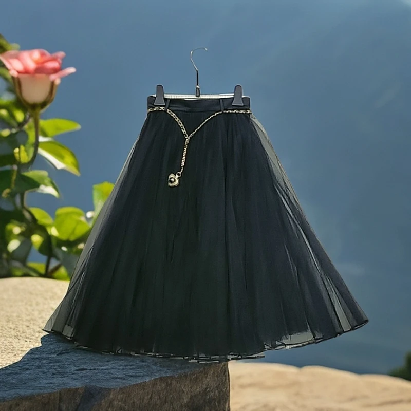 【黑白天鹅】链条腰带纱半裙A字夏季半身裙裙子黑色