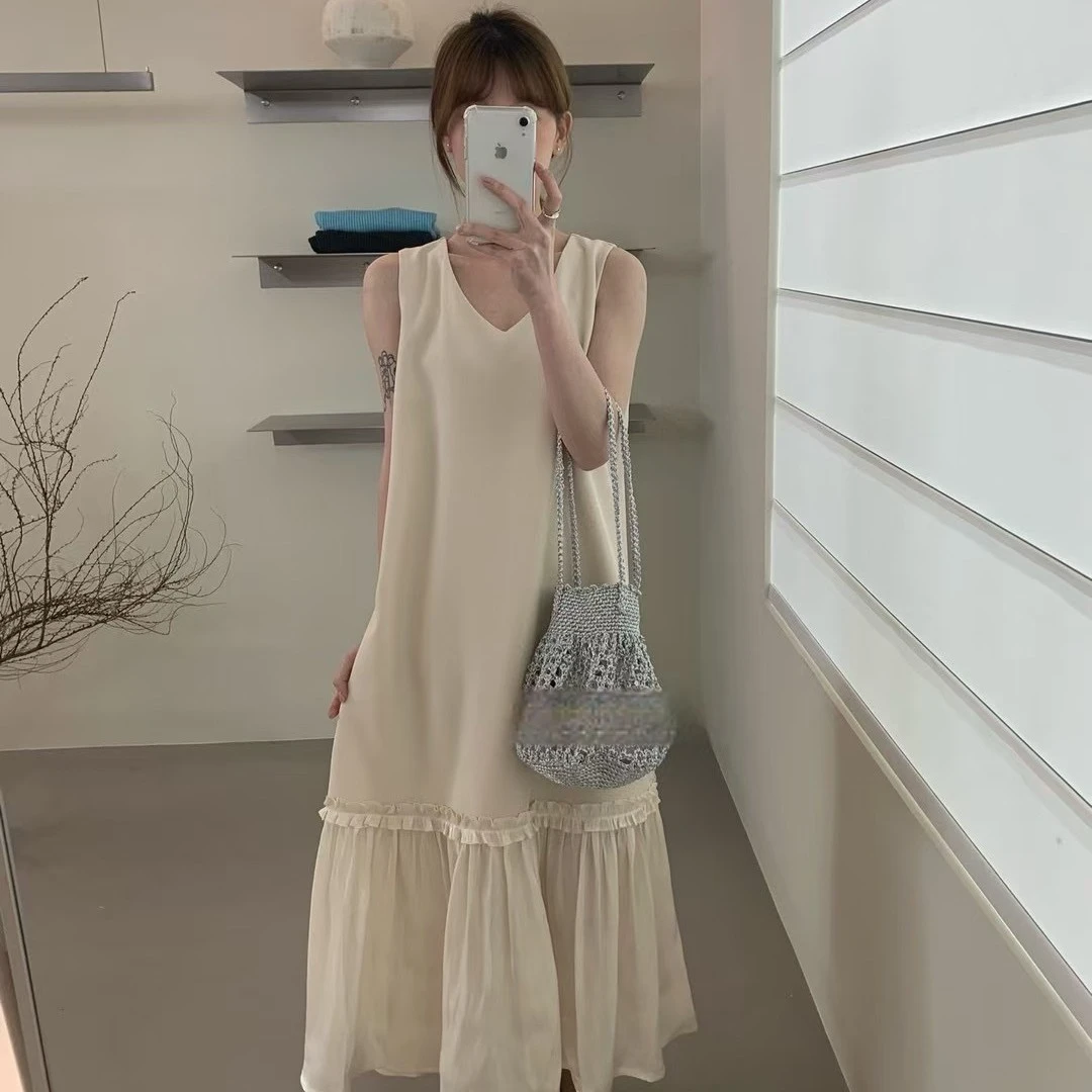 拼接小众蕾丝长款显瘦裙子白色夏季气质长裙无袖老钱风松弛感女装