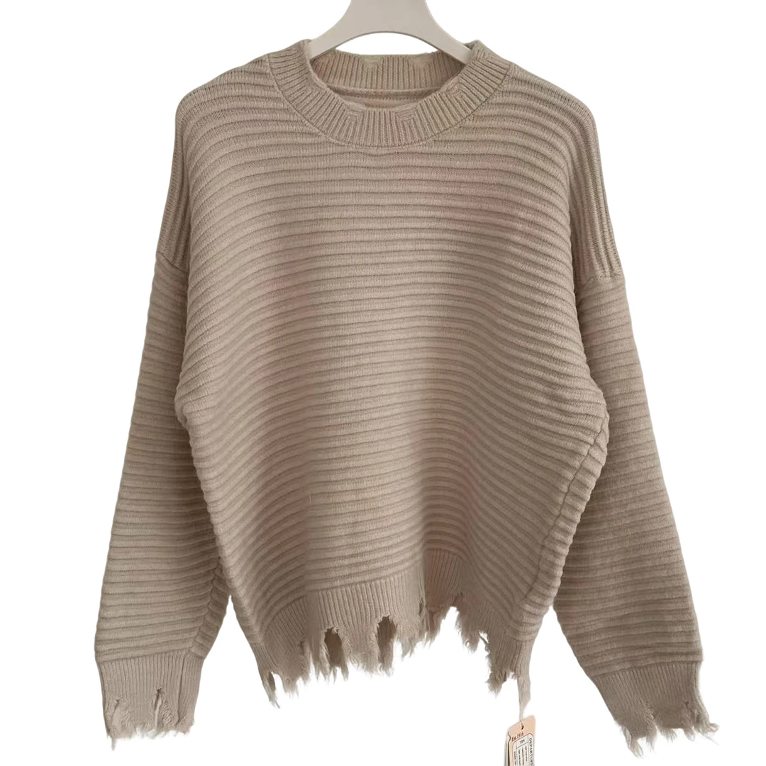 304短款廓形圆领毛衣美拉德复古棕色破坏针织毛衫