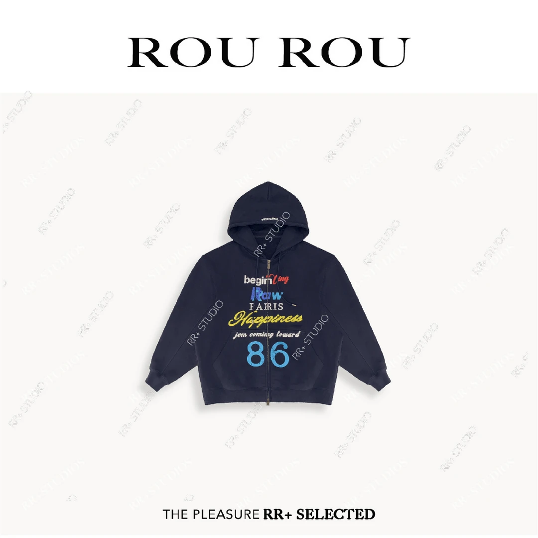 19268美式复古做旧字母印花卫衣外套女宽松廓形百搭拉链开衫