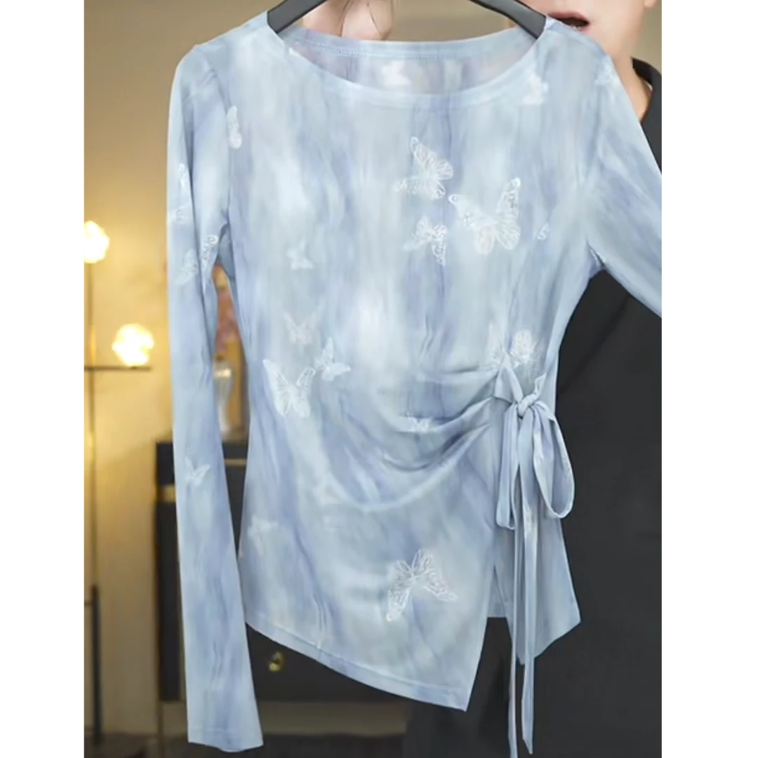 高级感别致显瘦百搭罩衫【羽裳幻逸】夏季蝴蝶结绑带网纱T恤女