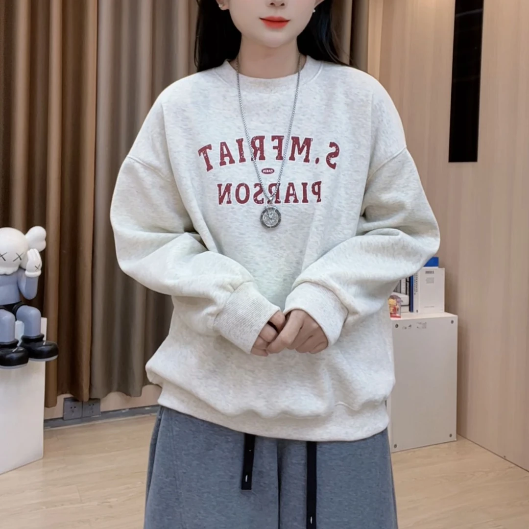 2026新款女装韩系创意印花加绒圆领慵懒风卫衣宽松爆款上衣女B398