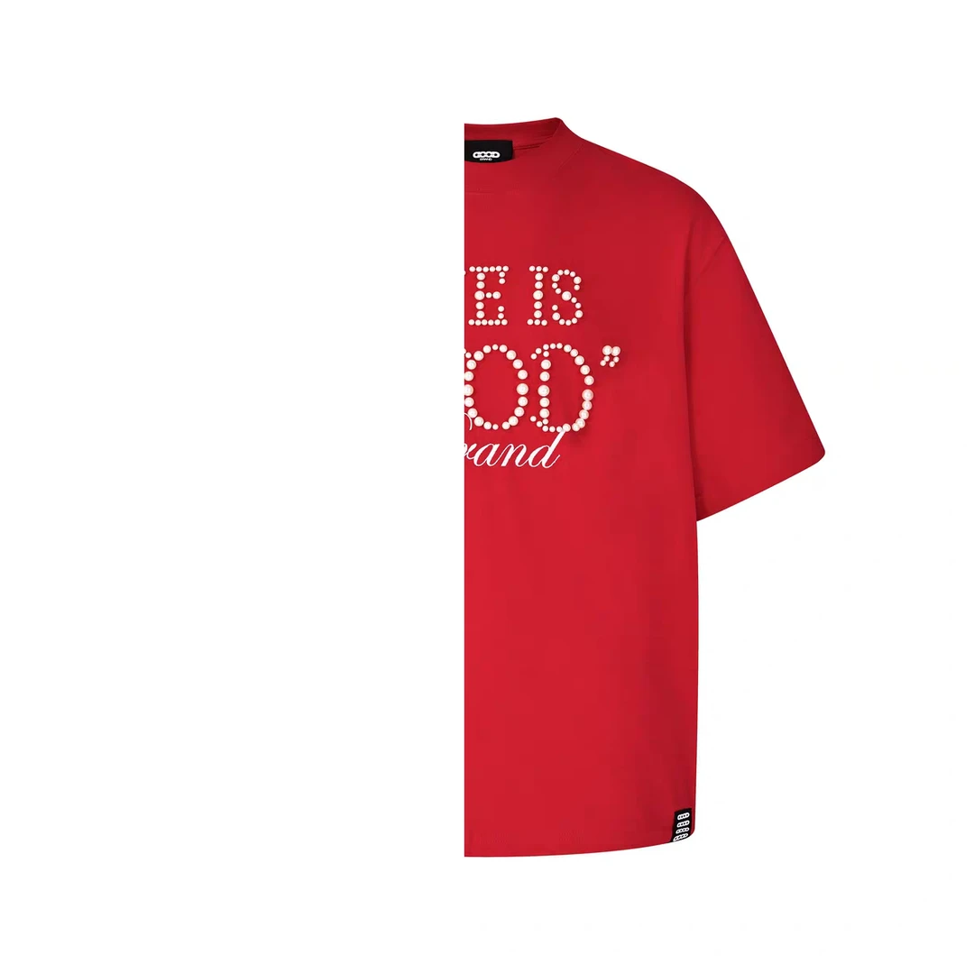 GOOD情侣同款 LOVE IS GOOD珍珠短袖T恤（后片钮扣黑色）