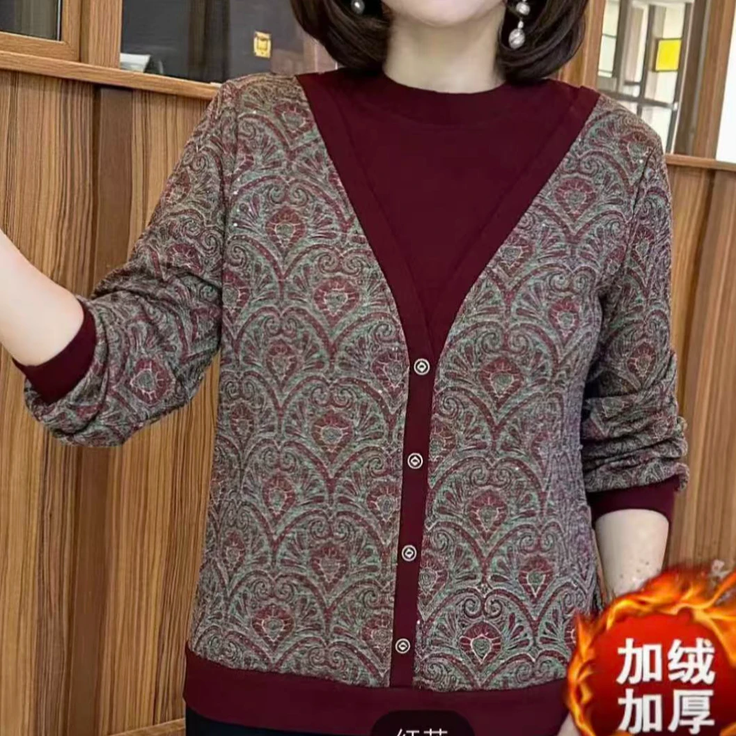 2662#冬季新款加绒加厚拼接撞色假两件保暖上衣（2色可选）