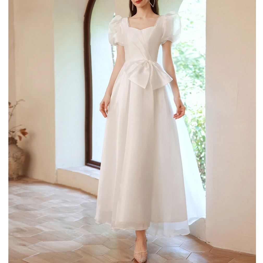 白色泡泡袖新娘轻婚纱2025春秋季新款演出走秀艺考合主持人晚礼服