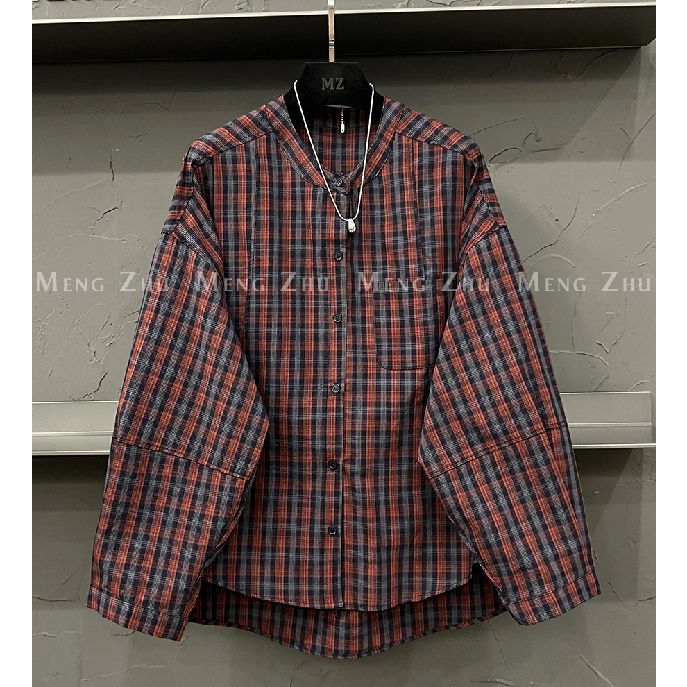 欧货2025新款圆领单排扣衬衣拼接设计感小众长袖格纹衬衫女秋上衣