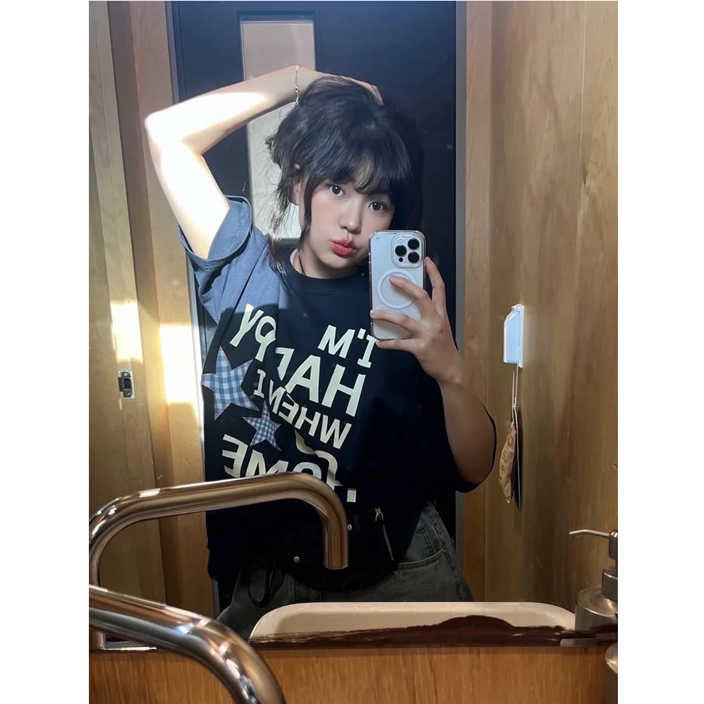 夏季新款女装字母印花重磅纯棉T恤短袖女宽松休闲百搭圆领上衣女