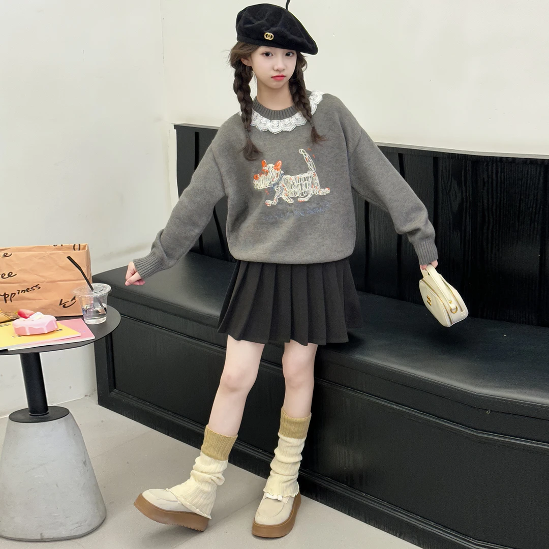韩系女童秋冬蕾丝拼接小狗刺绣毛衣女大童灰色套头针织衫百搭时尚