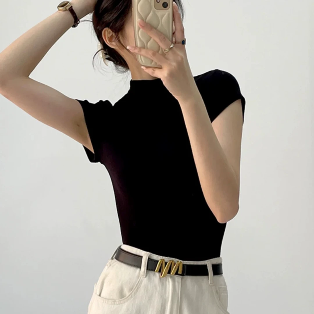 夏季100%天丝短袖女纯欲风修身半高领半袖显瘦薄款套头T恤衫XZA73