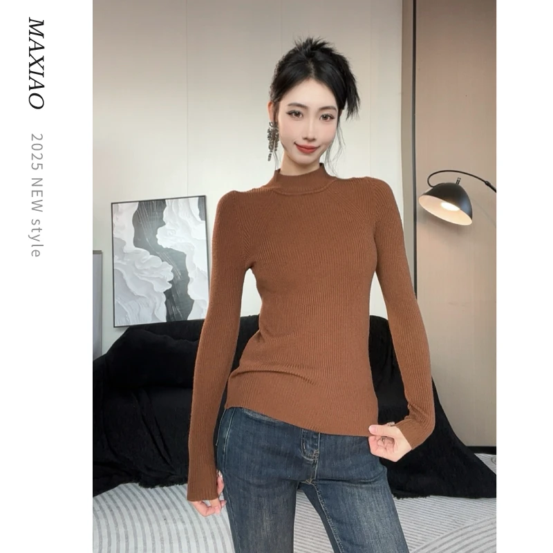 MAXIAO半高领坑条针织衫女春秋套头毛衣修身显瘦内搭打底衫上衣