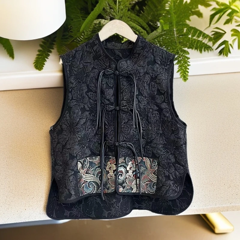 【梵韵】5-8/新中式国风刺绣立体软浮雕无袖黑色显瘦百搭马夹休闲