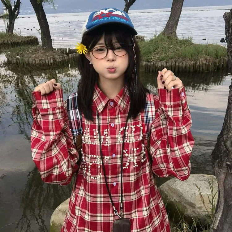 美式复古钉珠长袖衬衫男女格子百搭休闲开衫外套潮情侣款春秋衬衣