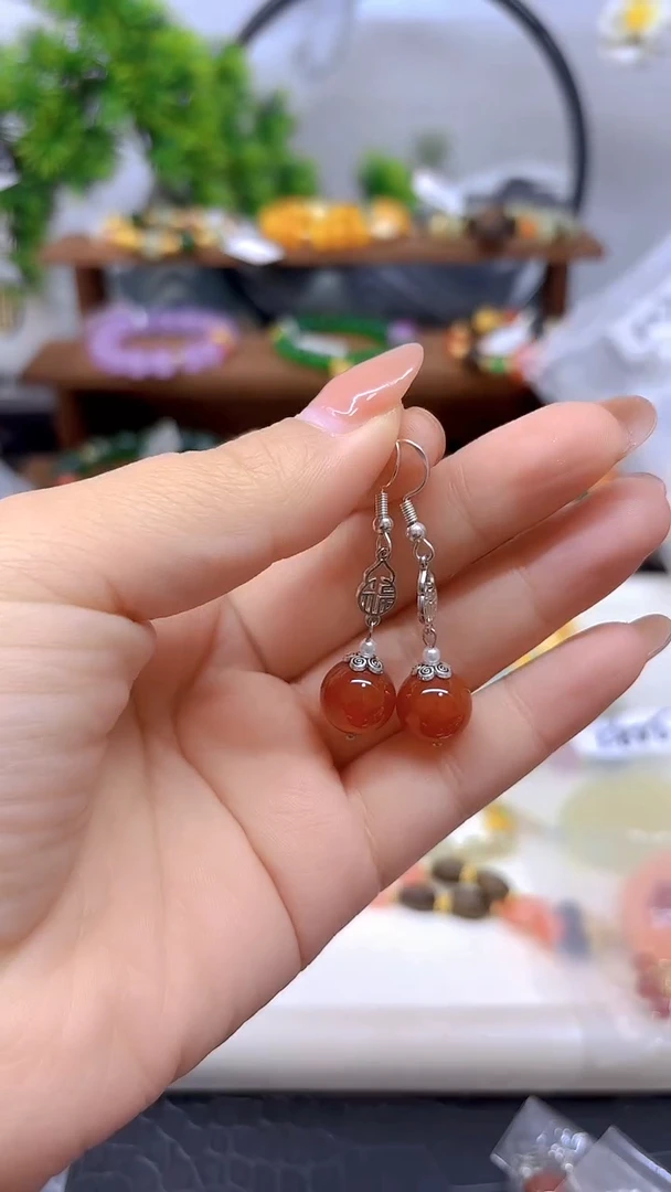 银S925镶嵌南红玛瑙耳饰E293