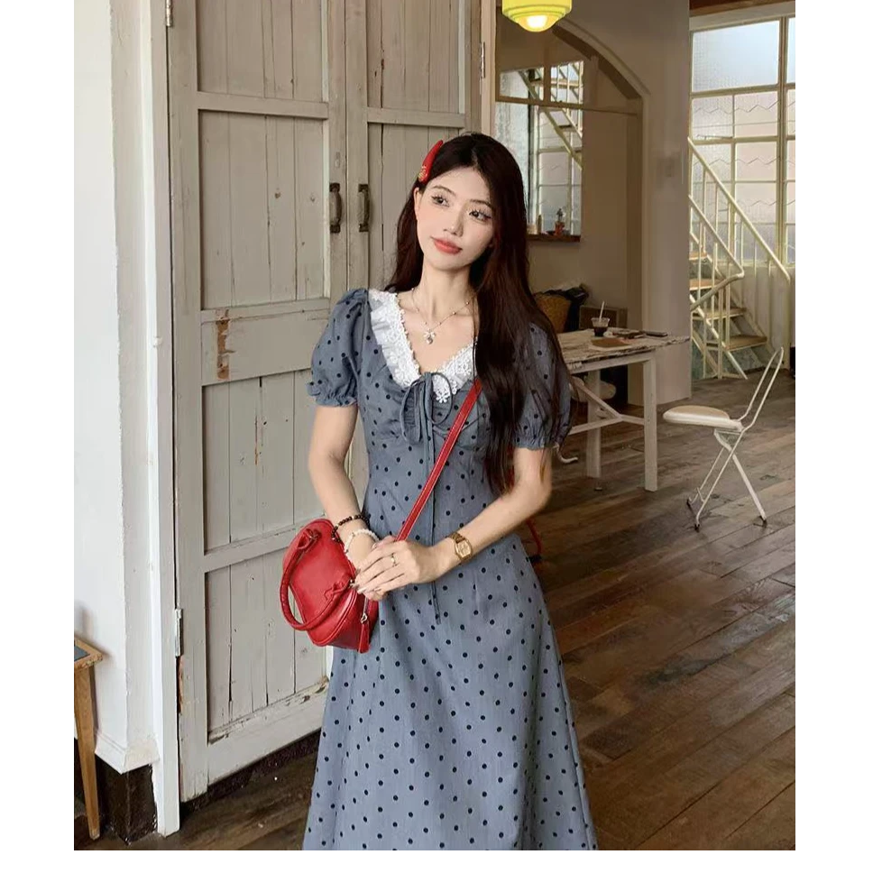 YH-66944大码女装胖mm网纱系带波点短袖连衣裙夏季新款V领设计感