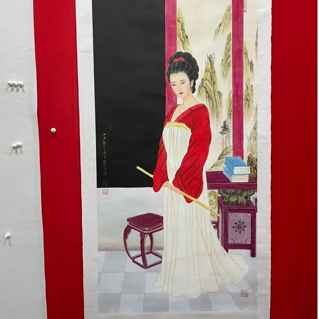 八平尺画-中国红仕女图+竹竿-带背景-CJZ-嘉福书画院