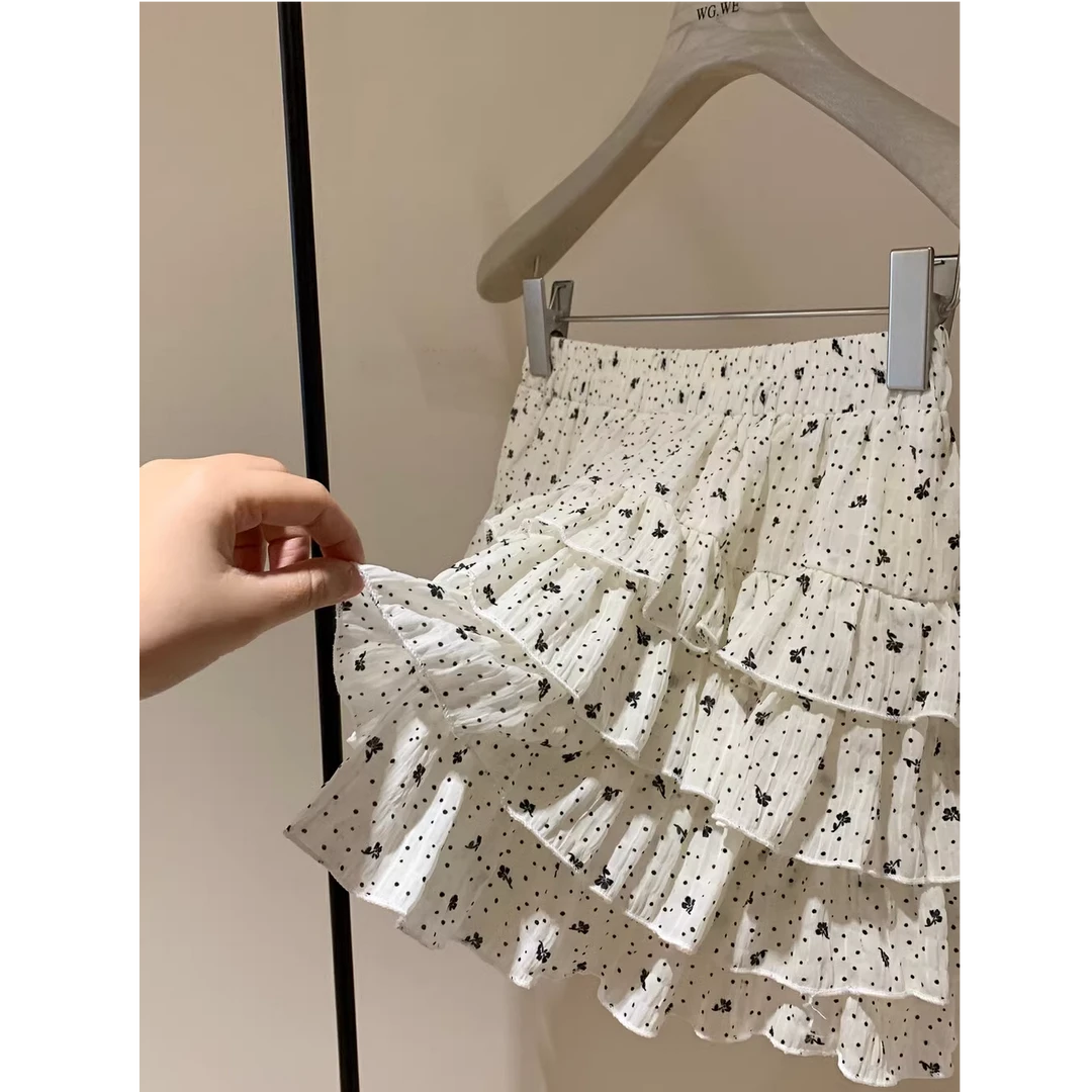 松紧腰碎花蛋糕裙裤女夏季独特芭蕾风百褶裙子新款短裙a字半身裙