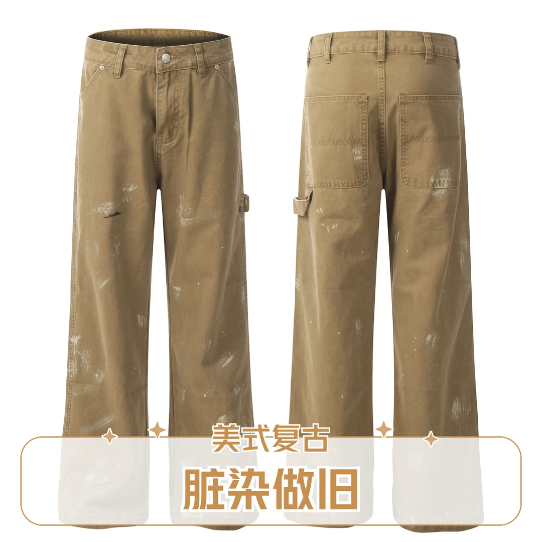 美式复古高街水洗做旧直筒脏染休闲裤男美式复古男装裤子户外长裤