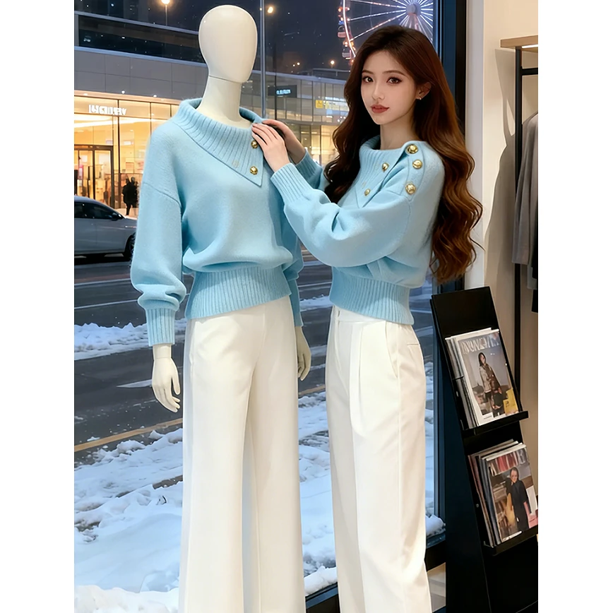 今年流行漂亮复古软糯慵懒风上衣绝美蓝色不规则领针织衫毛衣女秋