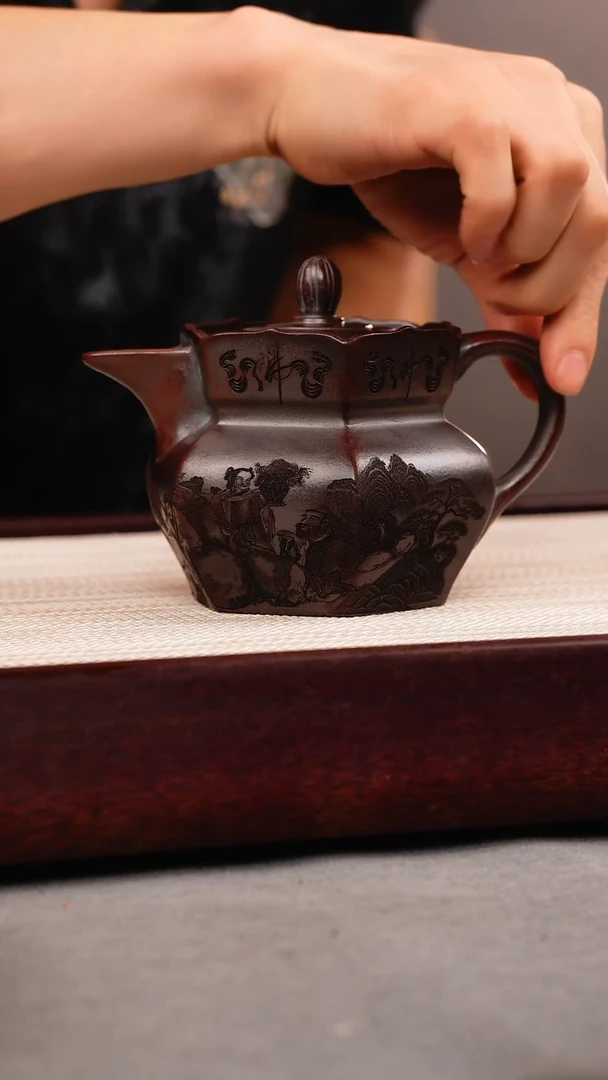 茶杯紫砂铁血红砂 六方僧帽 八仙过海