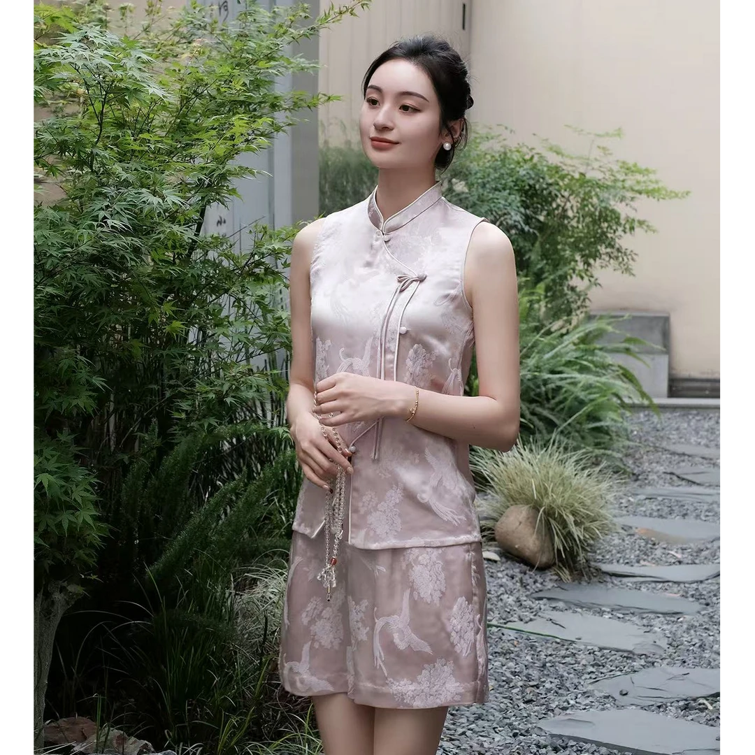 银粉冠乐绉小凤凰纹马甲新款女装新中式国风马甲国风新中式女装