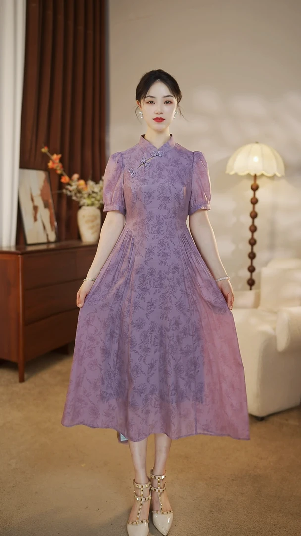 2025早春新款国风新中式显瘦中长款连衣裙25C070紫色