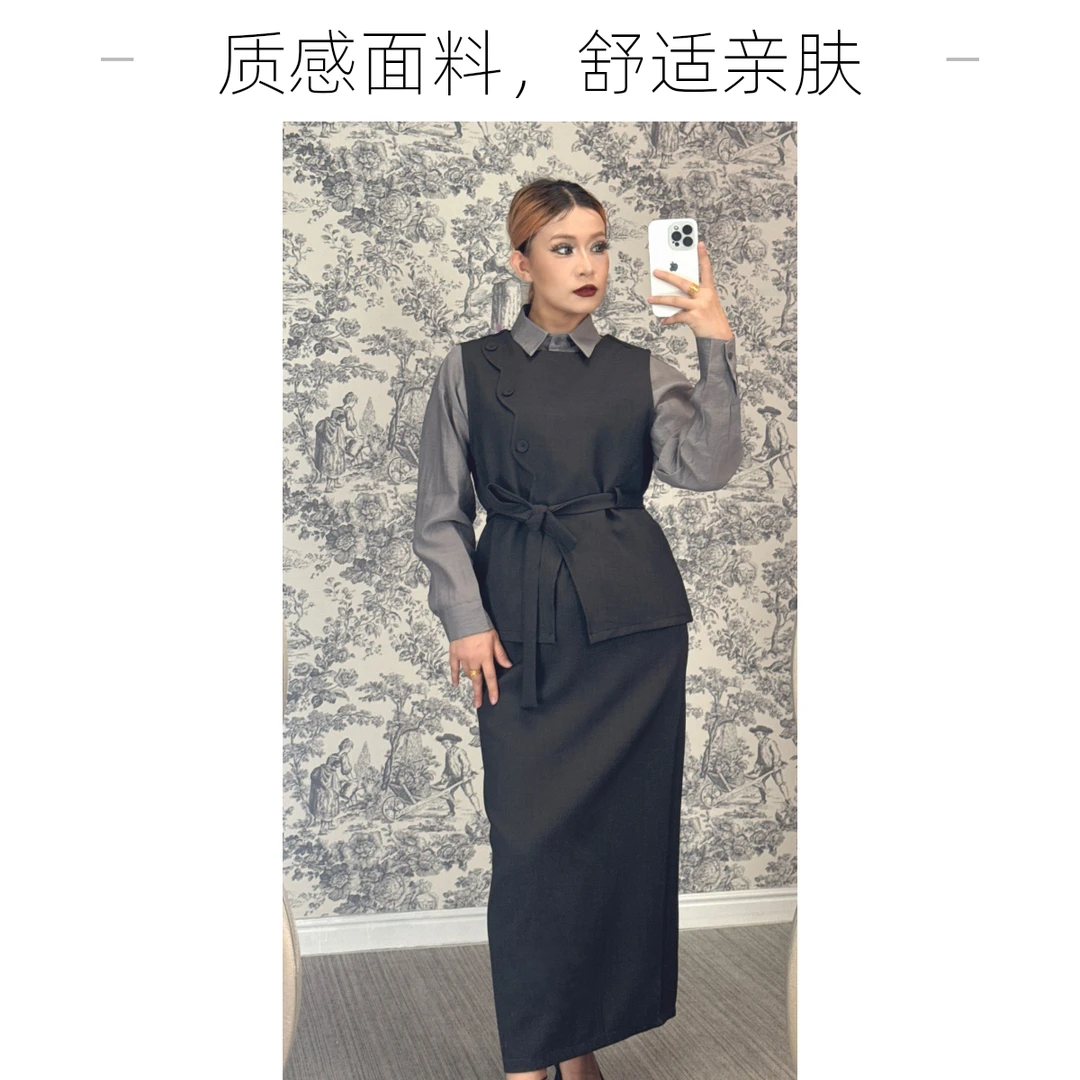 灰色高级时尚气质洋气马甲+裙子+衬衫三件套