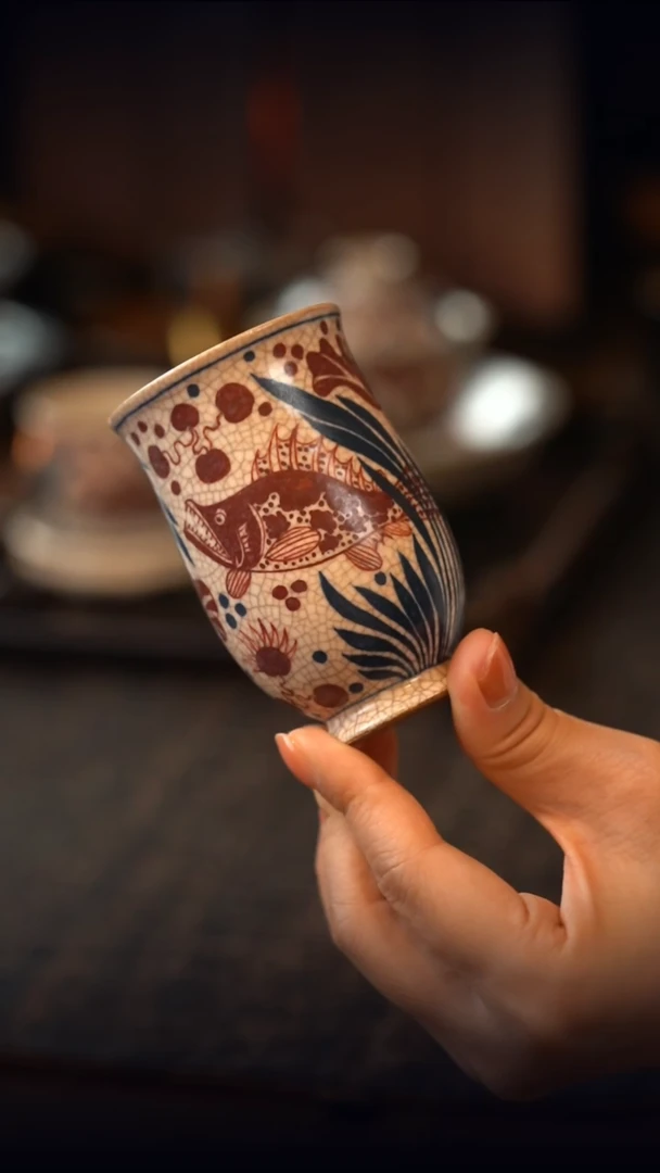 霖松堂 鱼藻青花拓片红 玉兰杯