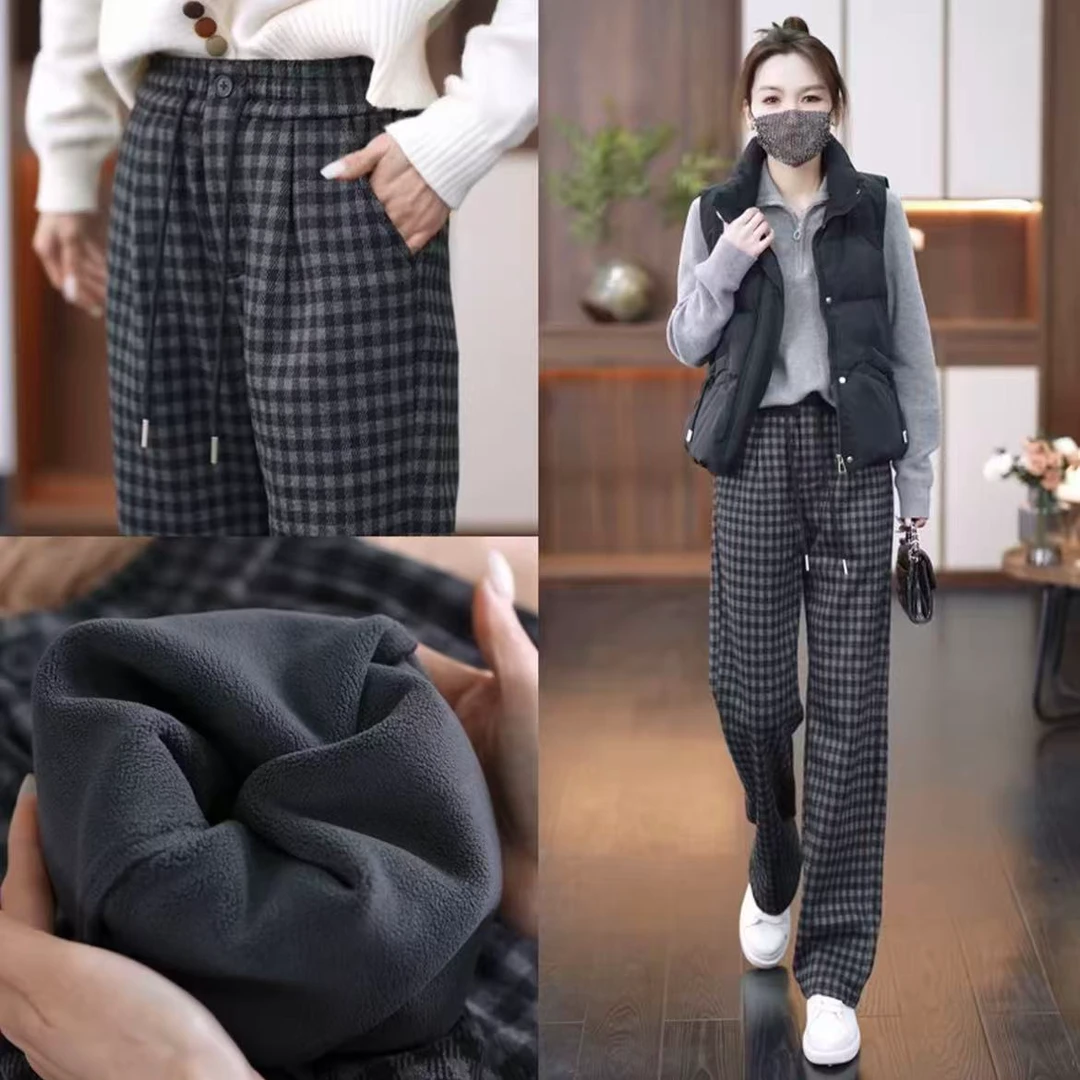 秋冬季新款加绒保暖格纹阔腿裤休闲毛呢格子裤高腰宽松显瘦直筒裤