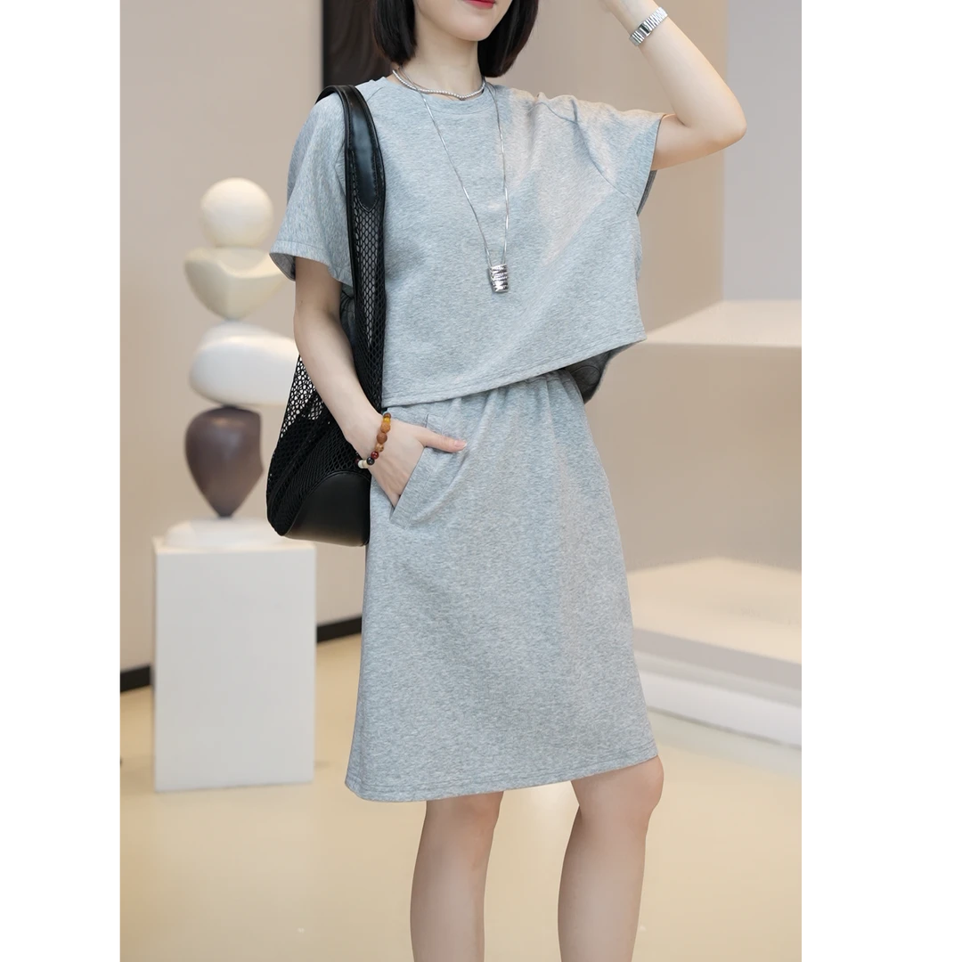 现现现【薇薇绮】夏季款减龄时尚洋气圆领抽绳纯色假两件连衣裙D734