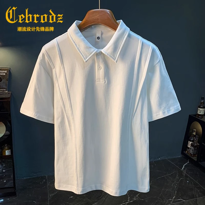 法国Cebrodz白色短袖T恤男士夏季简约翻领休闲体恤全棉半袖T恤