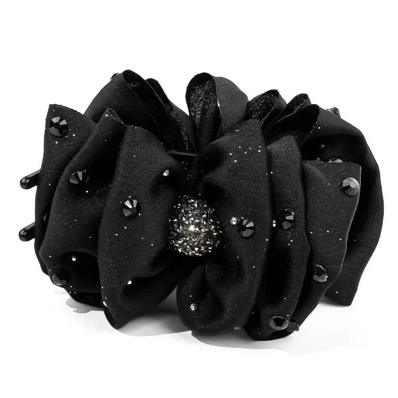 新款路易斯发饰时尚百搭蝴蝶结丸子头盘发夹黑色抓夹水钻头饰