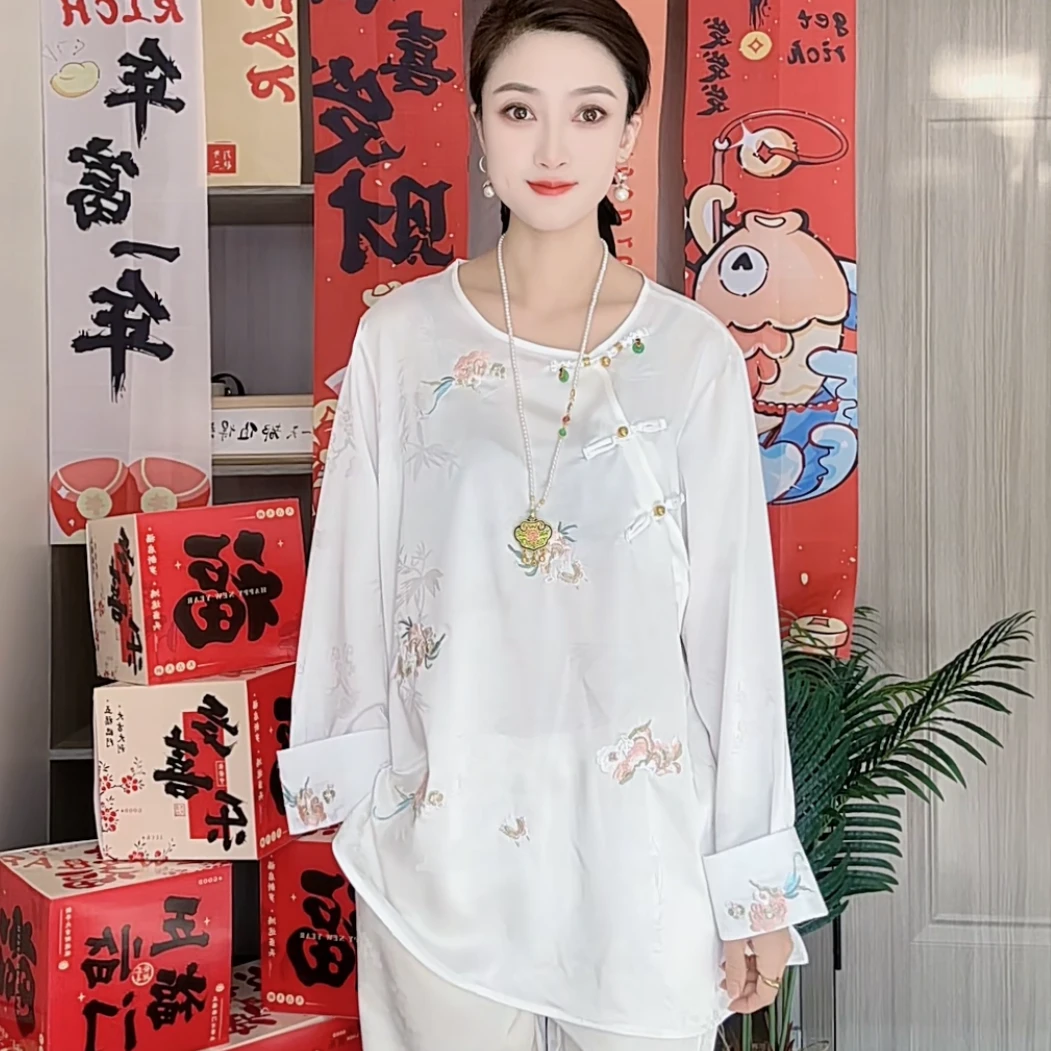 林夕国风复古新中式春季新品重工刺绣女装圆领套头衬衫