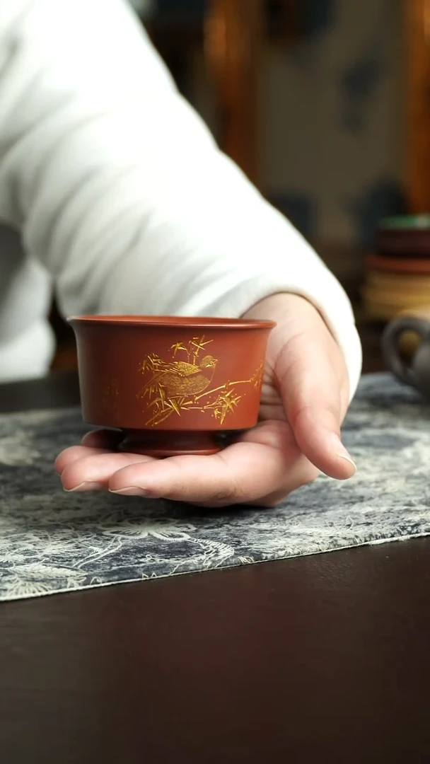 茶杯紫砂45号 朱泥手刻系列主人杯 宜兴紫砂原矿作品