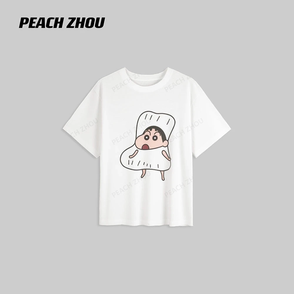 『PEACHZHMO』高捻精梳棉蜡笔小新卡通印花宽松圆领短袖休闲减龄T恤