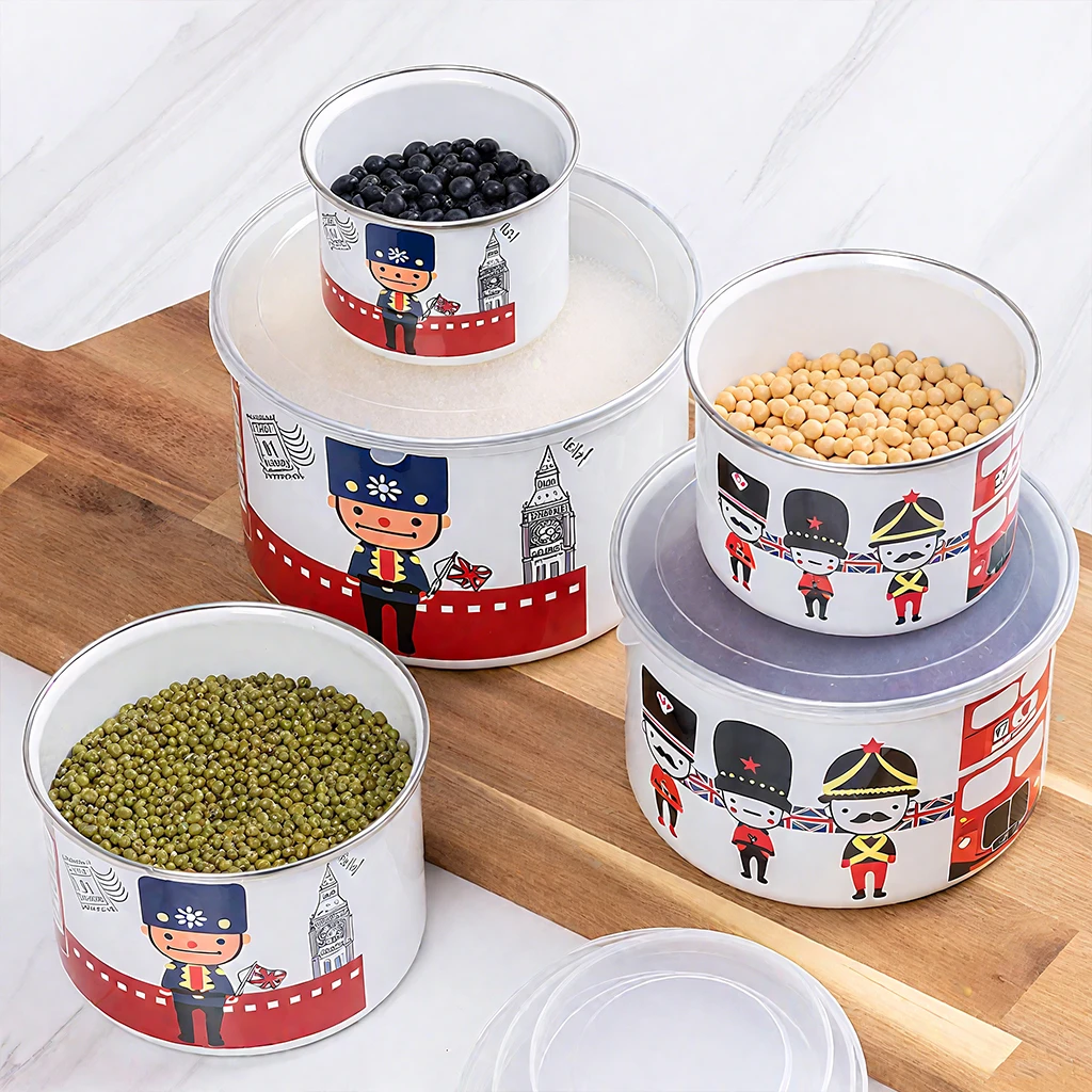 【搪小厨】高筒冰碗五件套 士兵 搪瓷保鲜盒 欢乐兔士兵10-18CM