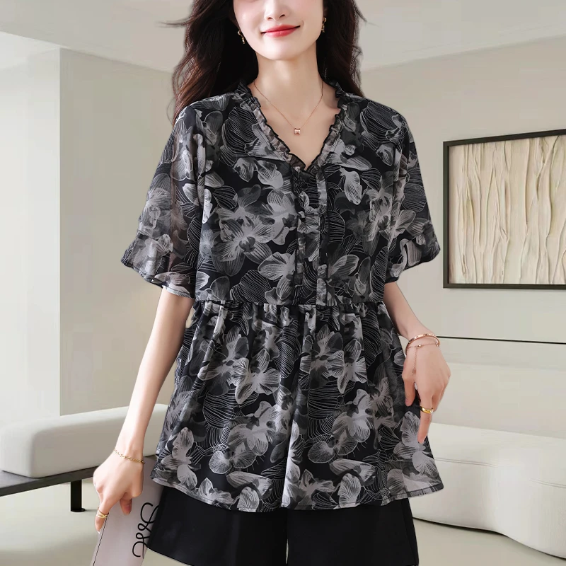 法式V领木耳边碎花雪纺衫女士2025夏季新款洋气减龄遮肚显瘦上衣