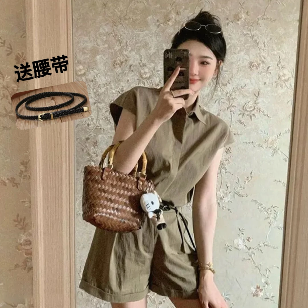 【送腰带+三件套】法式复古休闲衬衫上衣女高级感气质工装短裤夏季