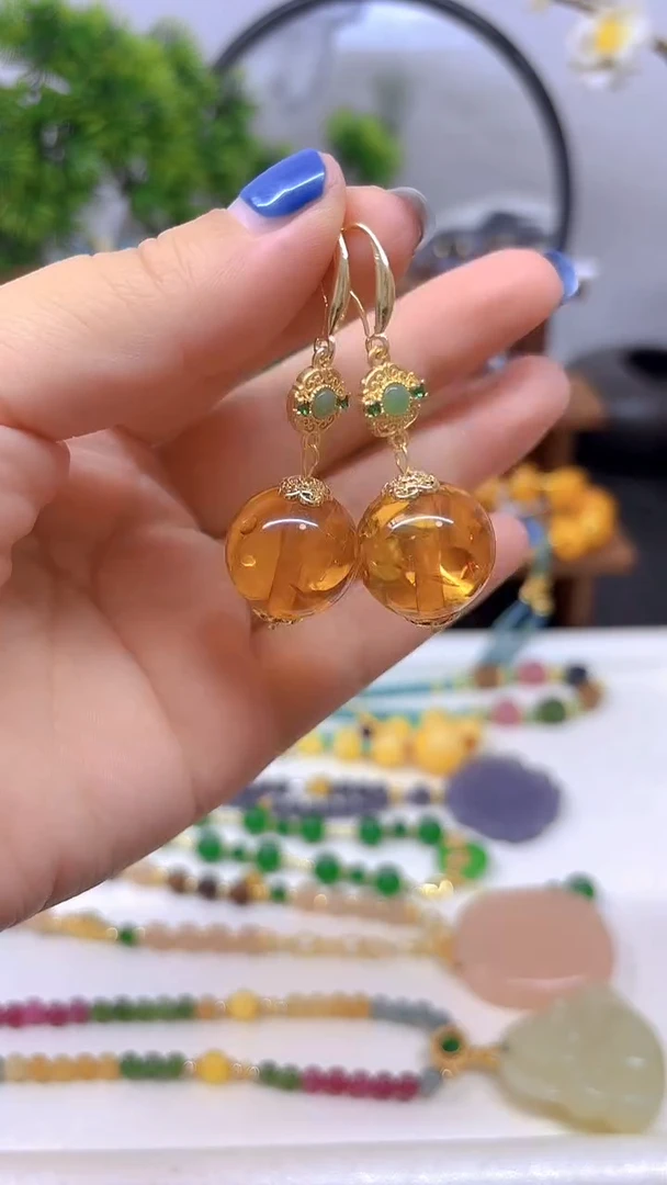 琥珀（花珀）14K金镶嵌耳饰E895