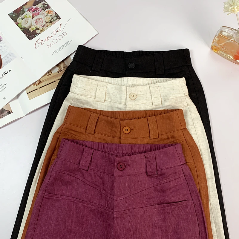 【乌梅紫】夏季新款蚕丝亚麻休闲裤阔腿长裤女高腰舒爽直筒裤