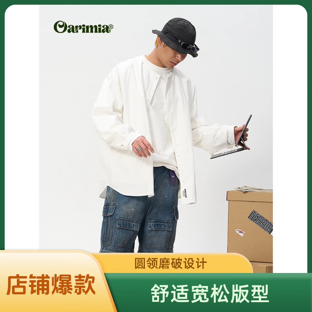 25ss日系日产竹节重磅阔板磨破无领长袖衬衫宽松复古休闲