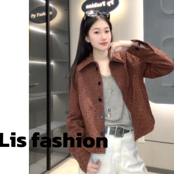 Liss-25新款683深焦糖色反绒皮编织时尚休闲羊皮女外套
