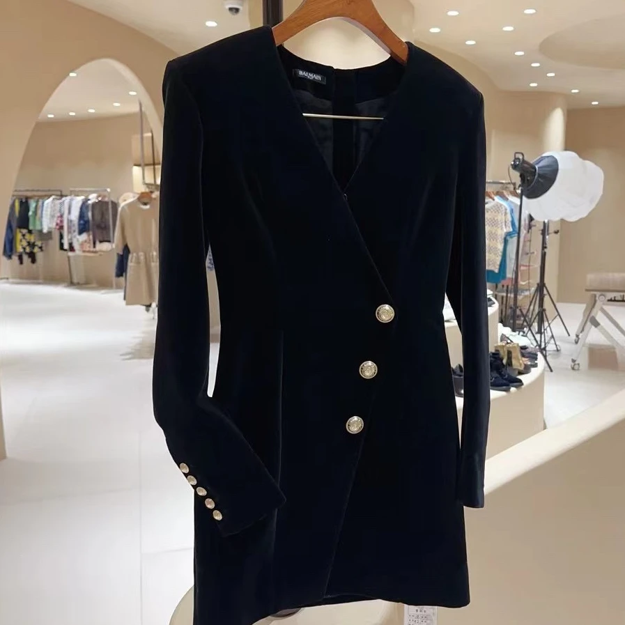 99新 BALMAIN/巴尔曼 2023早秋纽扣缀饰垫肩V领修身连衣裙38码