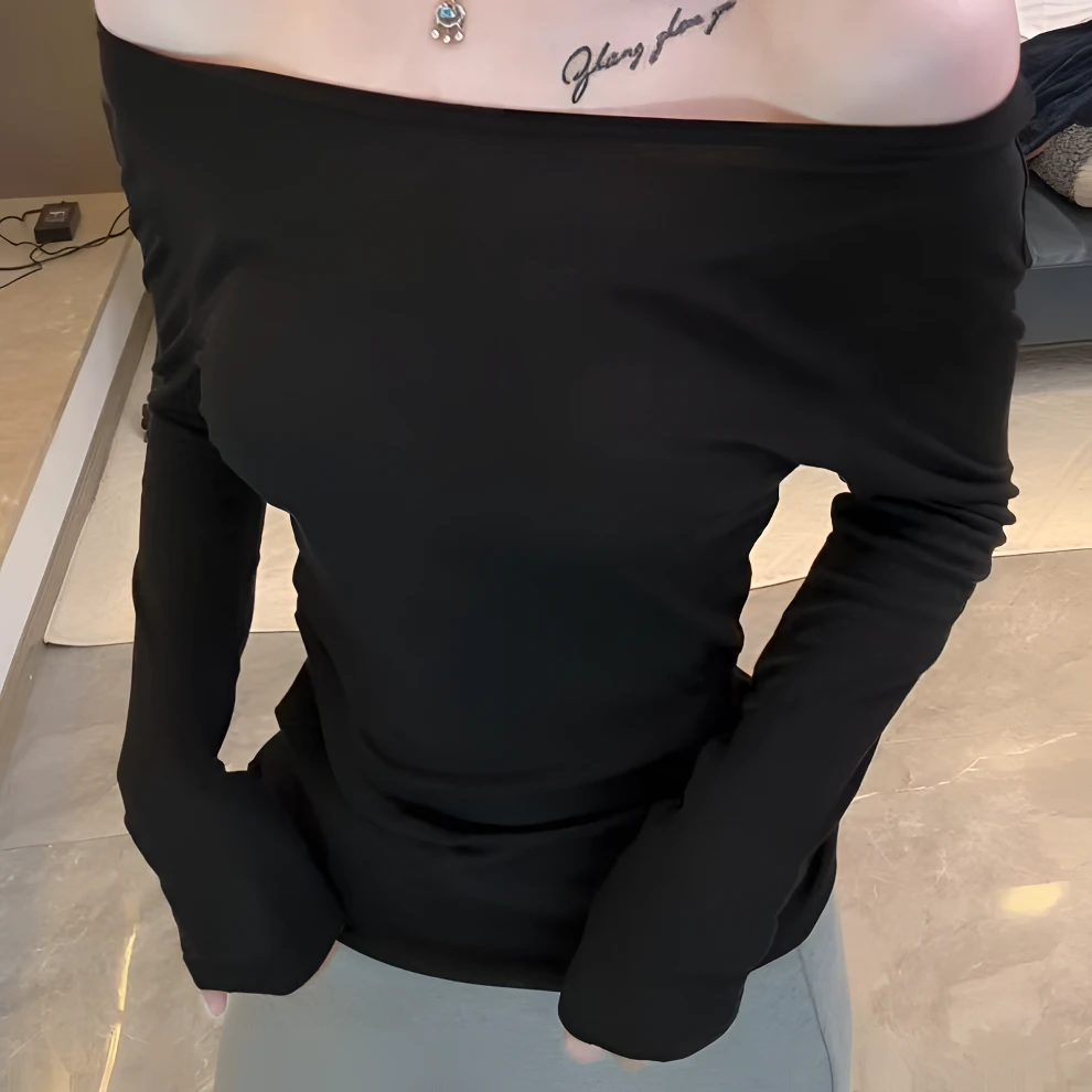 天丝羊毛桑蚕丝修身长袖螺纹T恤气质设计感一字领长袖打底显瘦