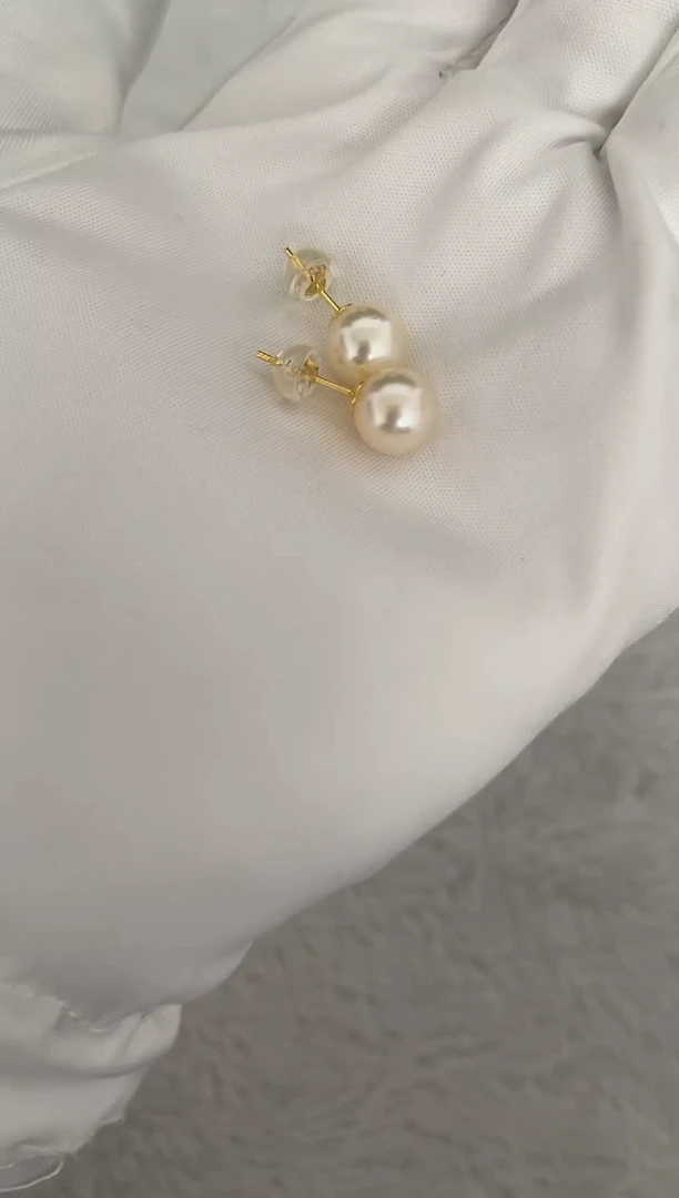 银S925镶嵌海水珍珠耳钉AK羽皇金素钉8-8.5mm